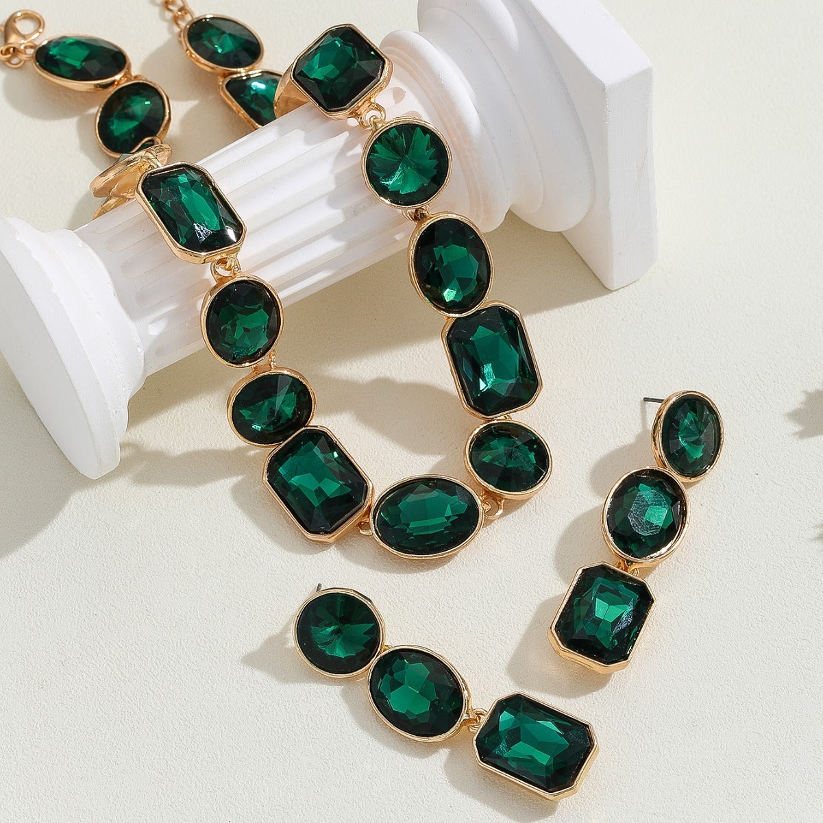 Statement Emerald Green Antique Style Crystal Choker & Drop Earrings Set (Handmade) Feminé Luxé