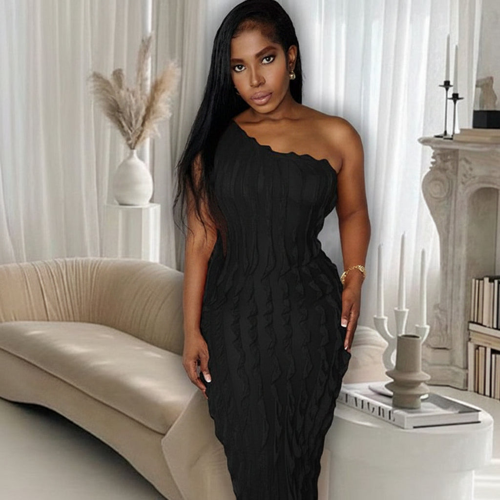 Backless High Waist Sheath Evening Dress – One Shoulder Black Elegance Feminé Luxé