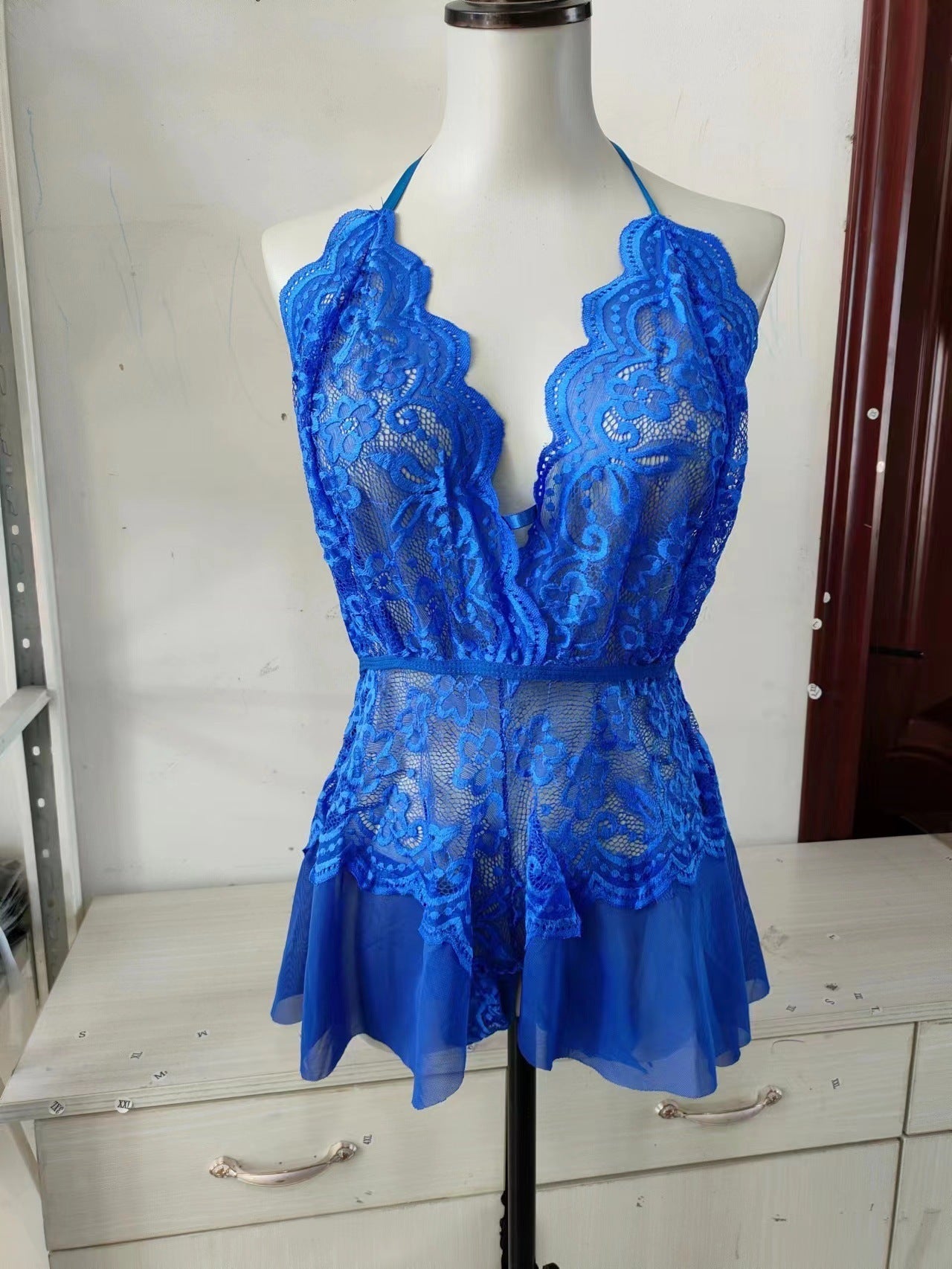 Noir Lace & Mesh Teddy Chemise | Deep Plunge Intimates Feminé Luxé