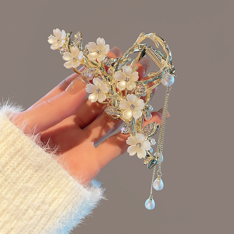 The Blossom Cascade Claw: Ornate Bell Orchid & Pearl Tassel Hair Gripping Clip - Couture Bridal & Statement Accessory Feminé Luxé
