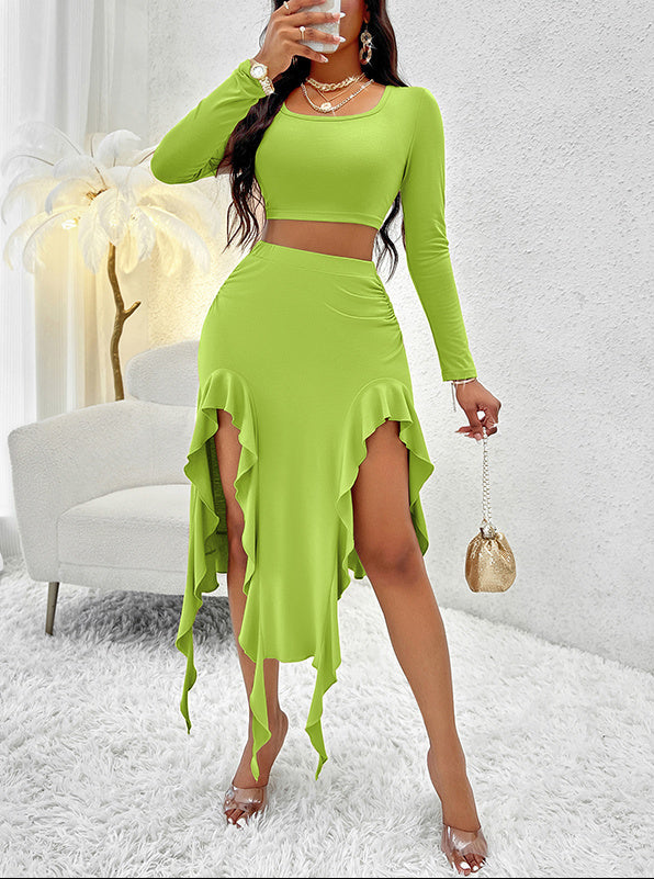 Luxe Long Sleeve Crop Top & Asymmetric Slit Skirt Set – Neon Party Chic Feminé Luxé