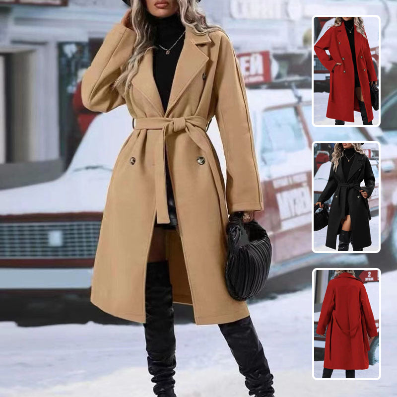 Lapel Double-breasted Trench Coat With Belt Winter Fashion Solid Color Long Jacket Outwear Women Clothing Feminé Luxé