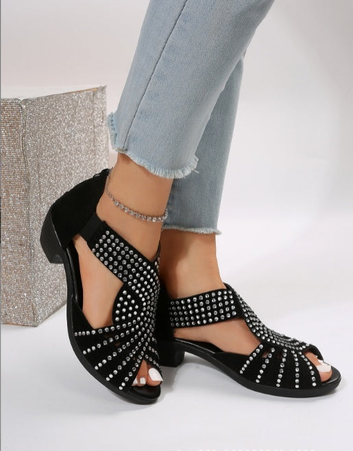 The "Obsidian Rhythm" Studded Peep-Toe Block Heel Sandal Feminé Luxé