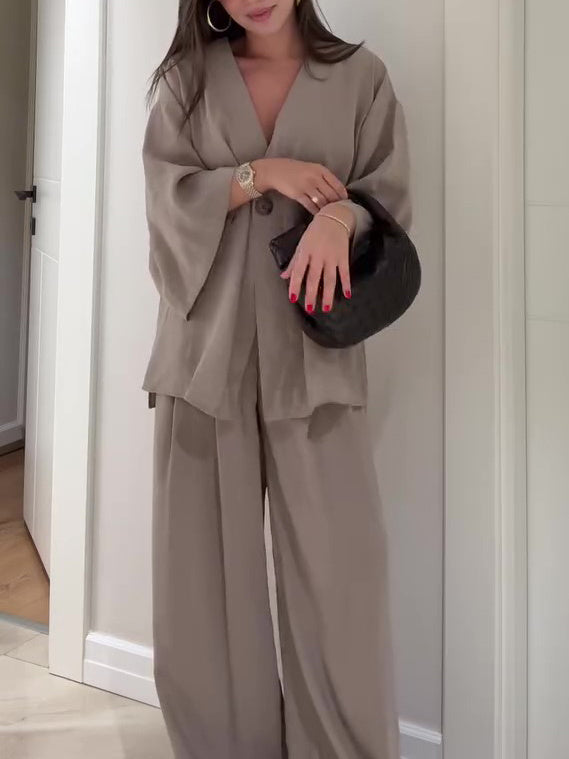 Minimalist Single-Button Top & Wide-Leg Pant Set | Feminé Quiet Luxury Co-ord Feminé Luxé