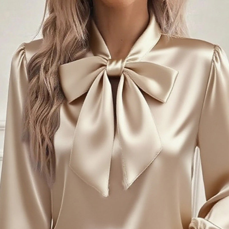Luxurious Satin Bow Tie Long Sleeve Blouse - High-Fashion Statement Feminé Luxé