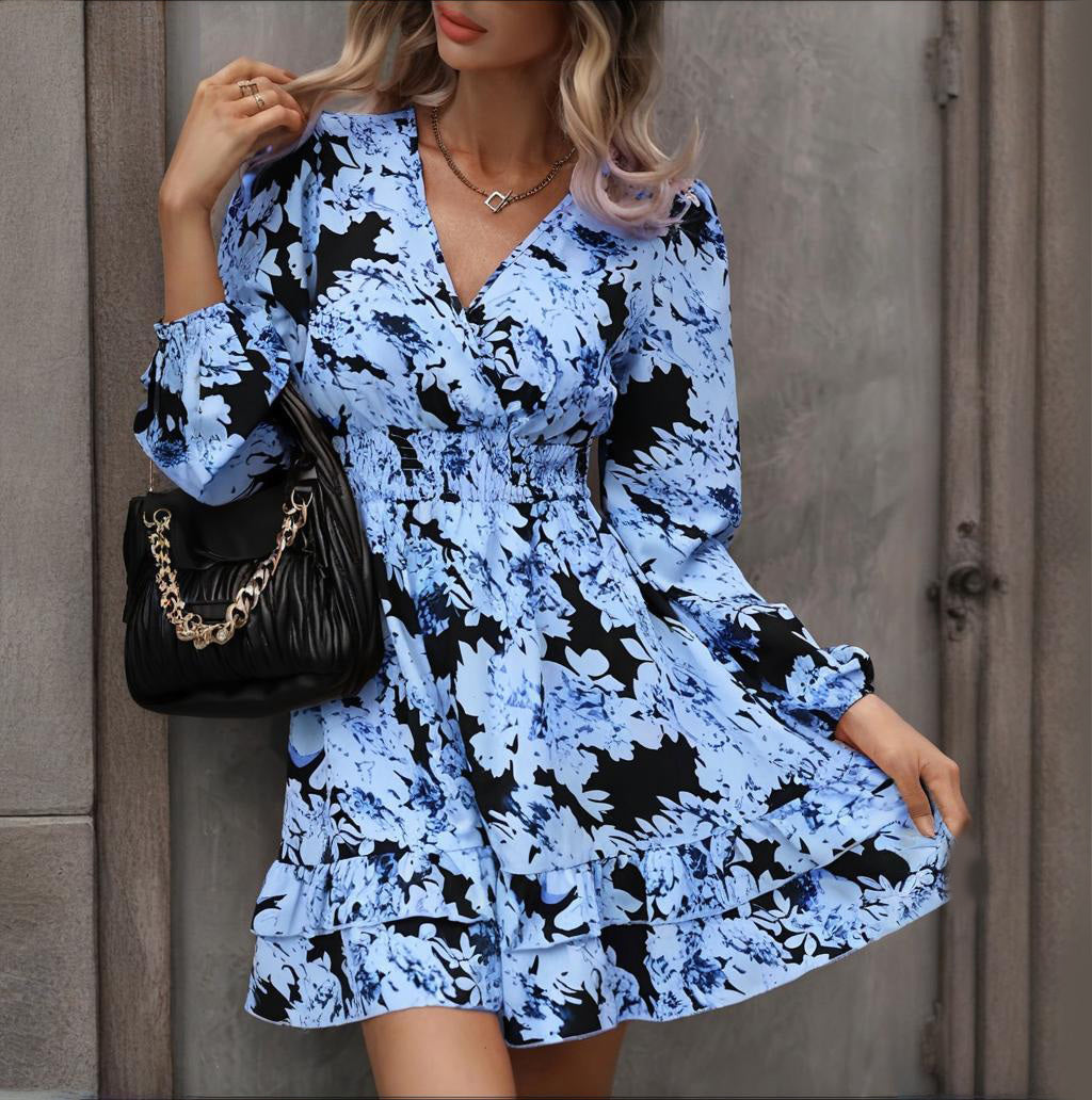Bohemian Floral Printed V-Neck Mini Dress - Flowy Lantern Sleeve Ruffled Casual Dress Feminé Luxé