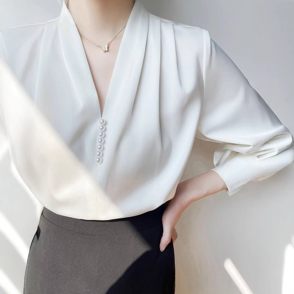 Elegant V-Neck Draped Chiffon Blouse - Chic & Sophisticated Feminé Luxé