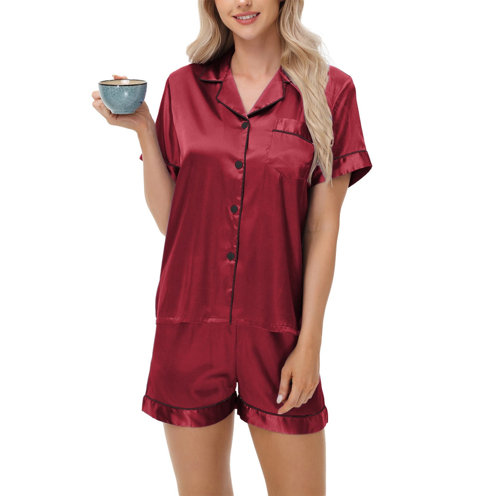 Effortless Silky Satin Pajama Set - Short Sleeve Top & Long Pants Loungewear Feminé Luxé