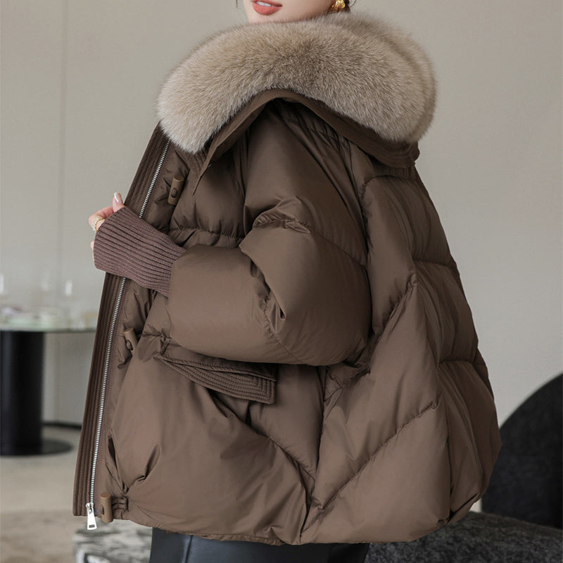 Chic Down Cotton-Padded Short Winter Coat with Faux Fur Collar Feminé Luxé