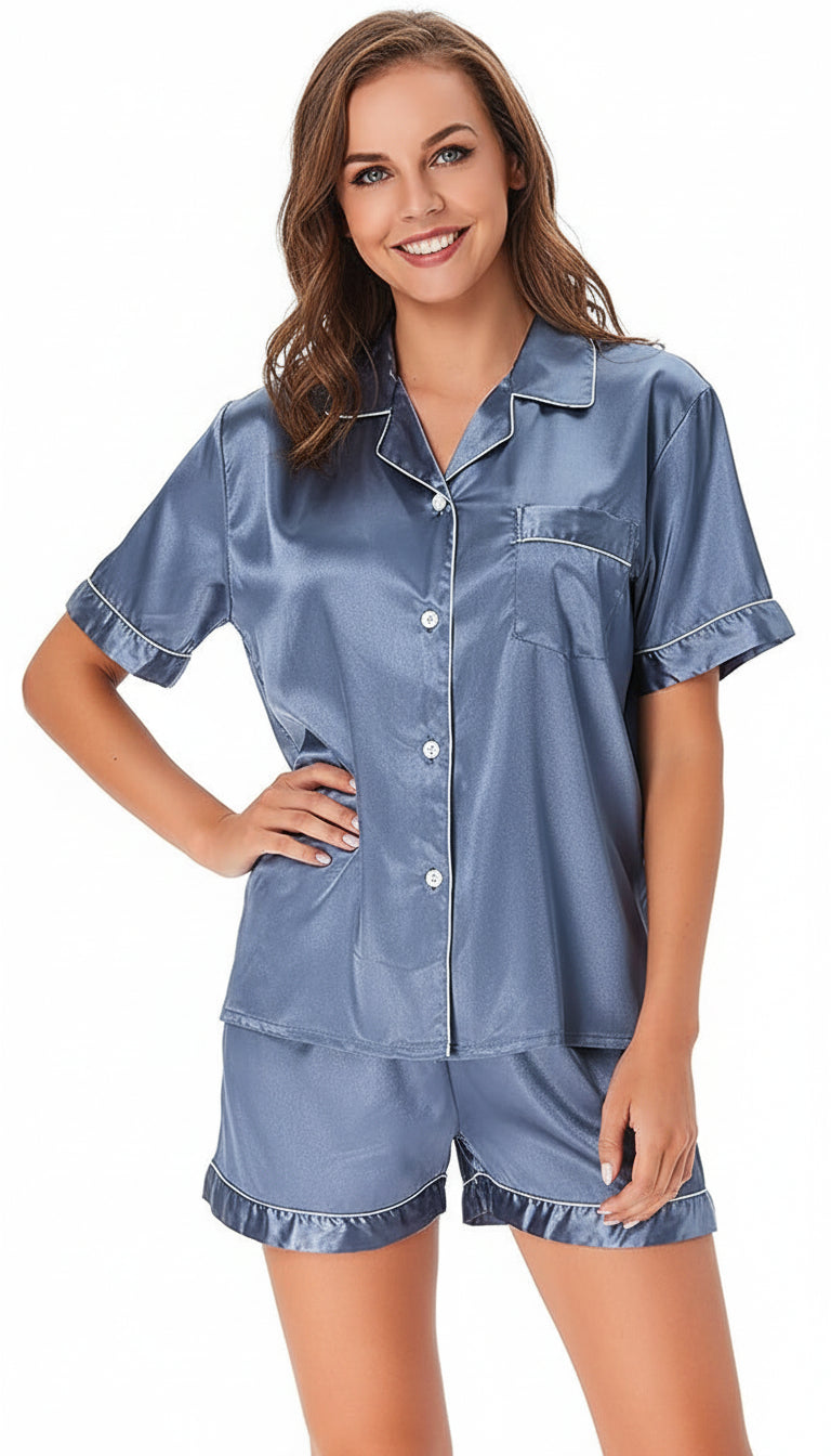 Effortless Silky Satin Pajama Set - Short Sleeve Top & Long Pants Loungewear Feminé Luxé