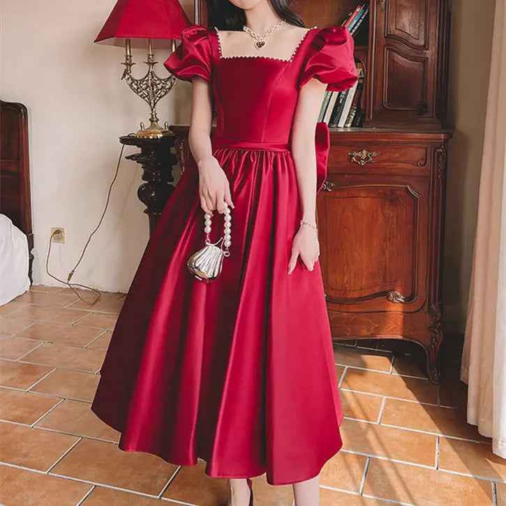 Winter Wine Red Princess Satin Dress Feminé Luxé