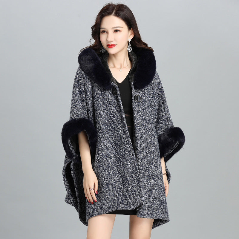 Elegant Faux Fur Trim Hooded Cape Shawl Feminé Luxé
