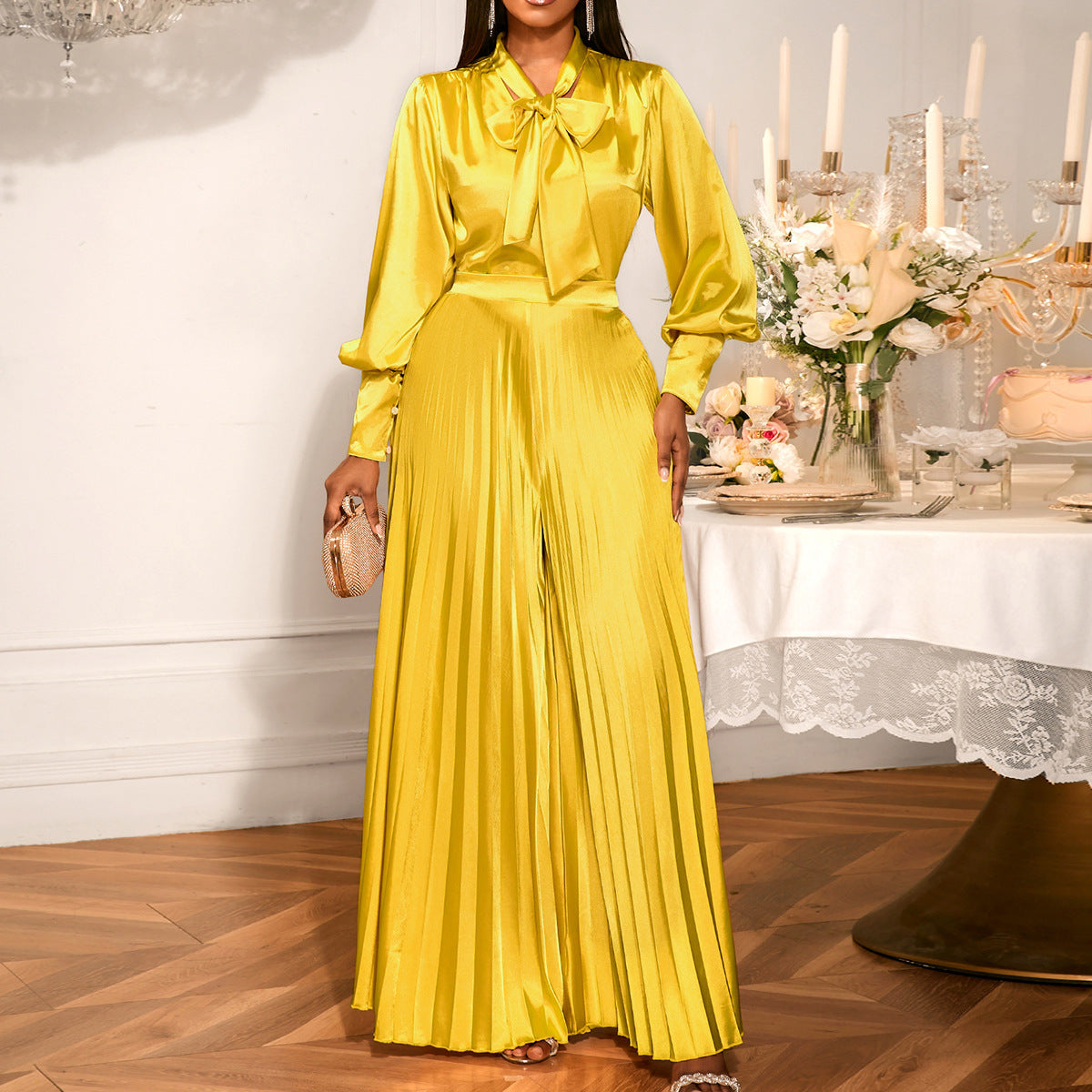 Gold Satin Bow Blouse & Pleated Wide-Leg Set Feminé Luxé