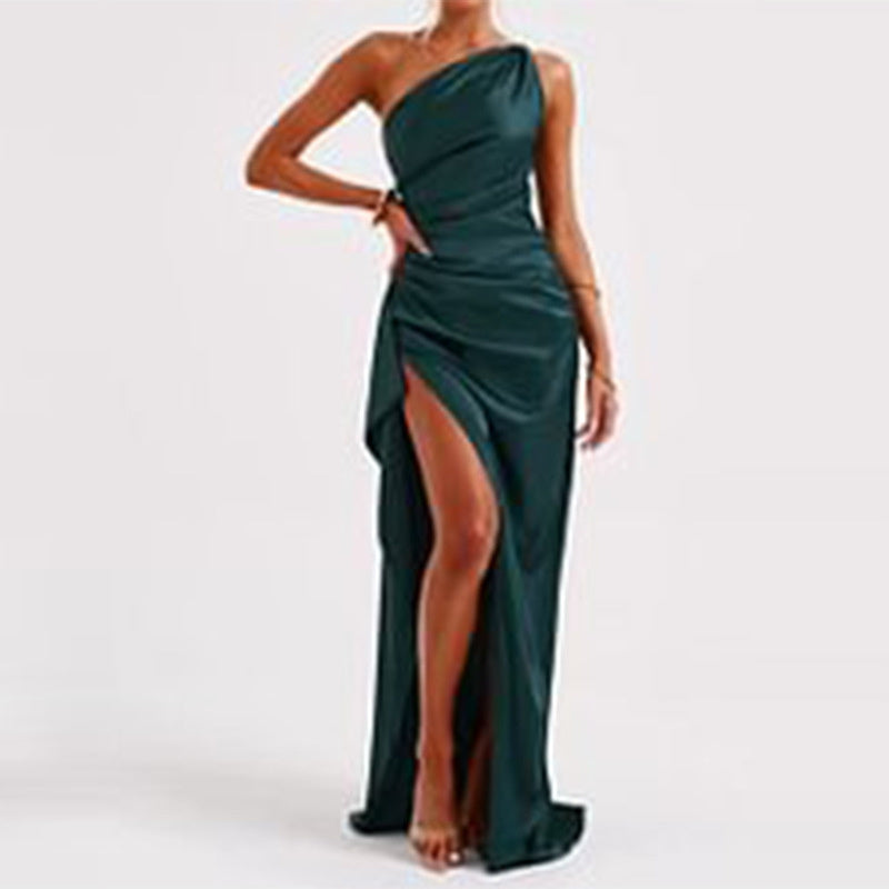 The "Siren" One-Shoulder High-Slit Satin Dress Feminé Luxé
