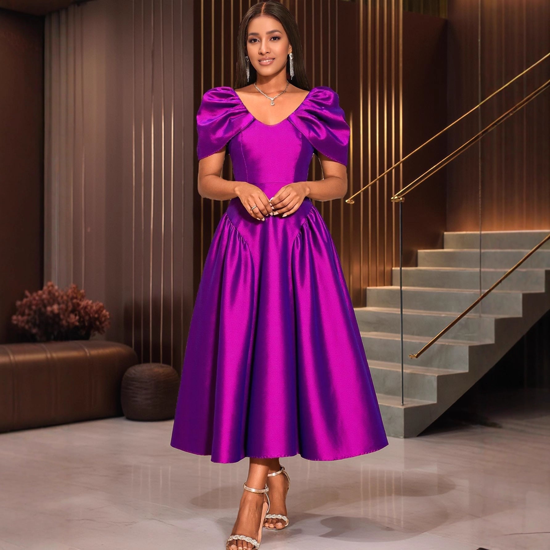 Puff Sleeve Satin Evening Banquet Dress Feminé Luxé