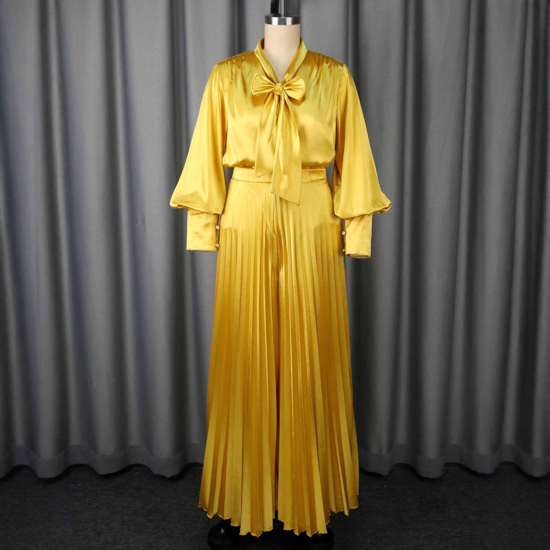 Gold Satin Bow Blouse & Pleated Wide-Leg Set Feminé Luxé