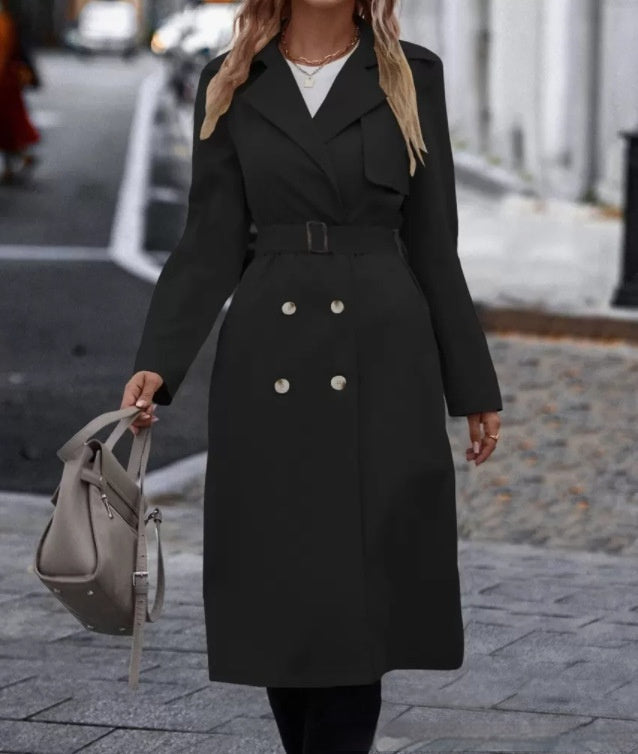 Lapel Double-breasted Trench Coat With Belt Winter Fashion Solid Color Long Jacket Outwear Women Clothing Feminé Luxé
