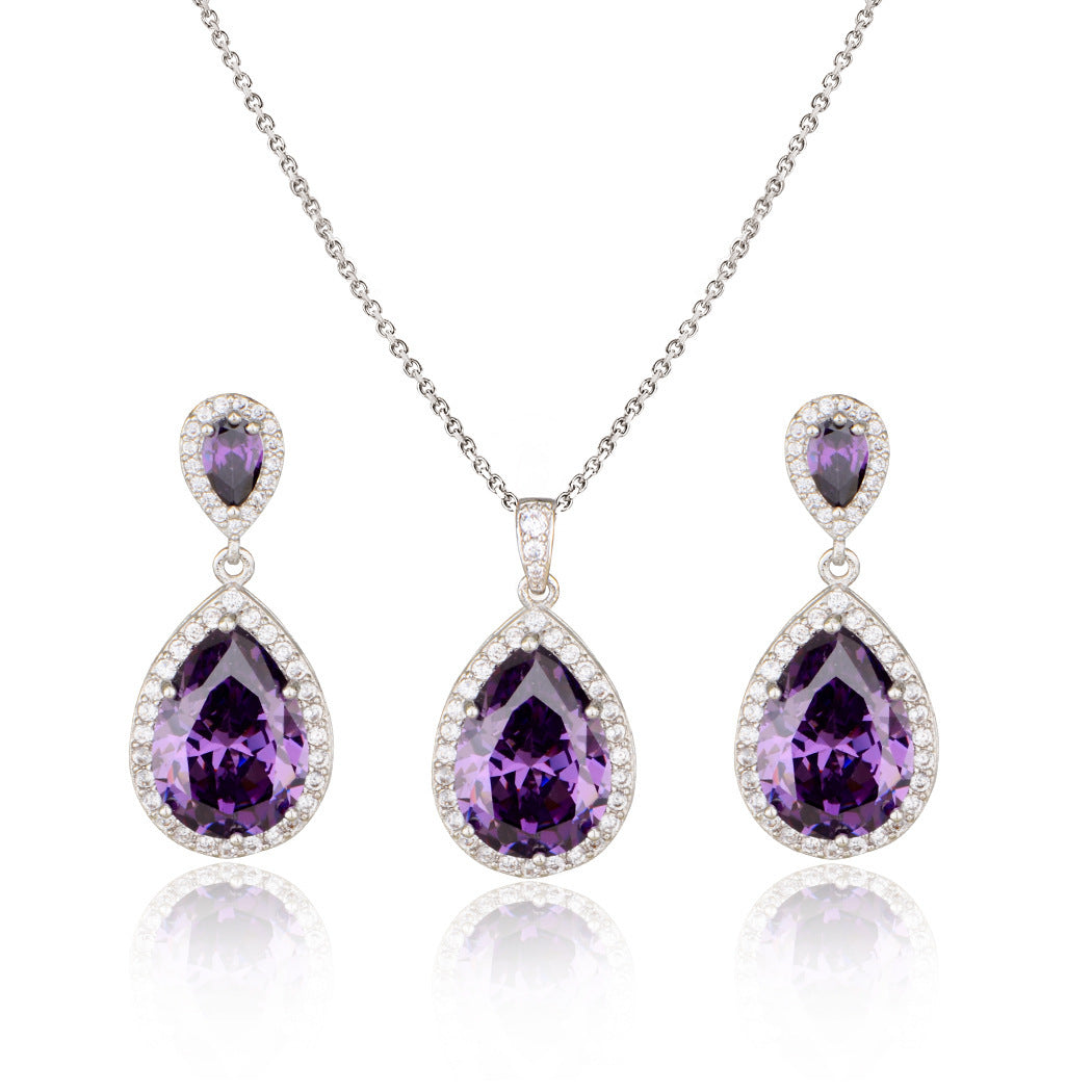 Vibrant Teardrop Zircon Bridal Set: Diamond-Treated Necklace & Earrings in 14K Gold/Platinum Plating for Bold Elegance Feminé Luxé