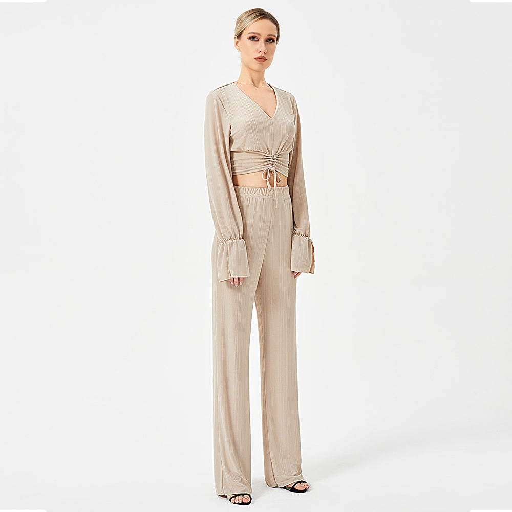 The Wine Noir Ribbed Bell-Sleeve Co-ord Set | Deep V-Neck & Flare Trousers Feminé Luxé