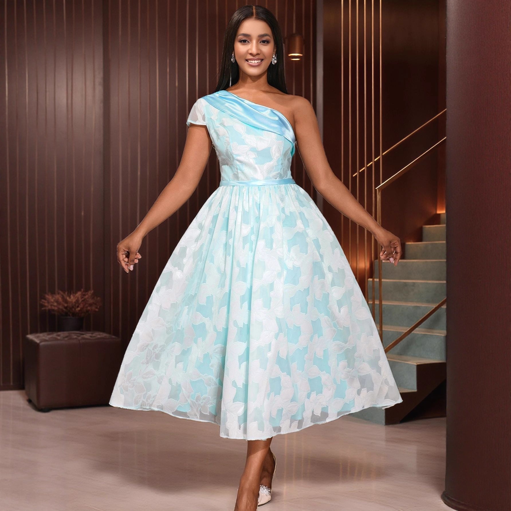 One-Shoulder Jacquard Contrast Evening Dress – Elegant Midi Banquet Gown Feminé Luxé