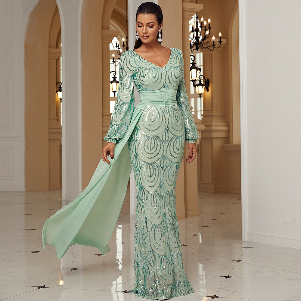 Elegant Long Sleeve Sequined V-Neck Evening Dress with Ribbon Detail Feminé Luxé