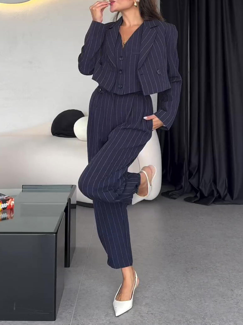 Striped 3-Piece Set: Cropped Blazer, Vest & High-Waisted Pant Feminé Luxé
