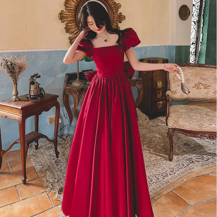 Winter Wine Red Princess Satin Dress Feminé Luxé