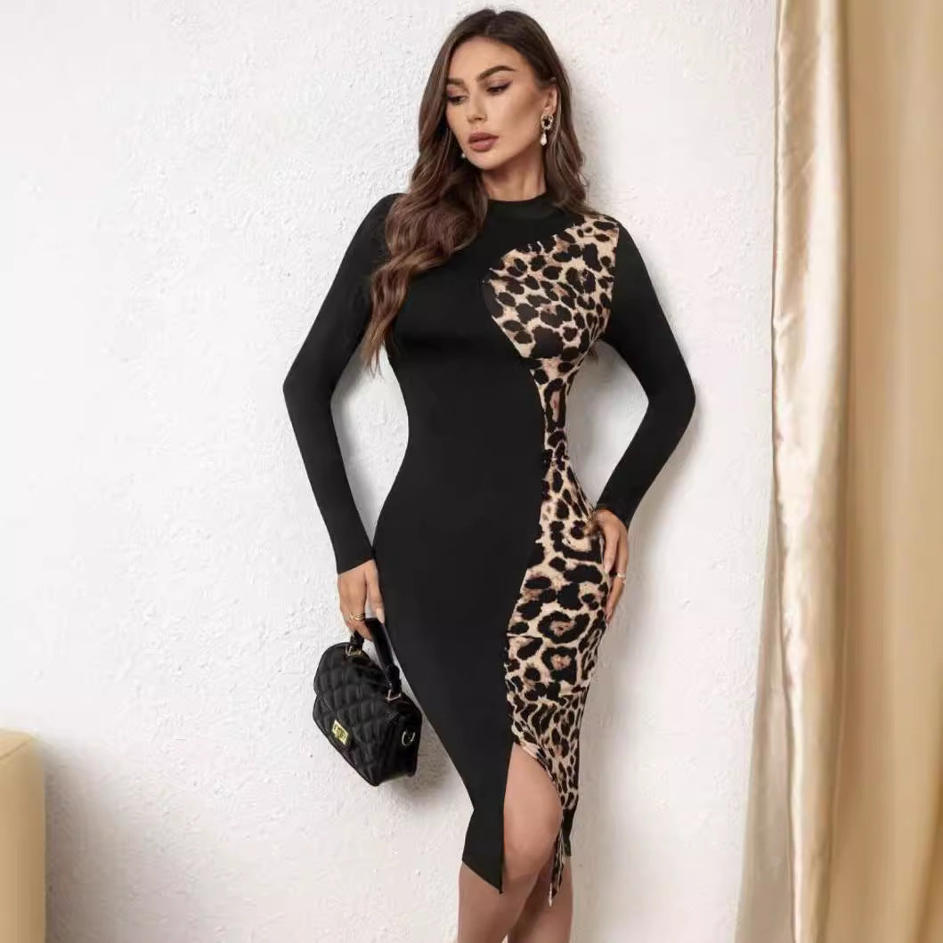 Chic Leopard Splicing Bodycon Midi Dress - Long Sleeve Slim-Fit Semi-Formal Evening Dress Feminé Luxé