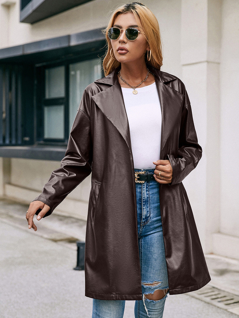 The 'Noir Luxe' Mid-Length Vegan Leather Trench Coat | Belted Wrap Style Feminé Luxé