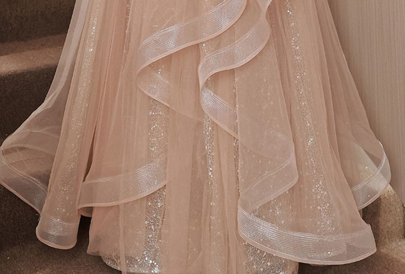 Luxury Light Khaki Evening Gown with Puff Sleeves & Sequin Detail Feminé Luxé