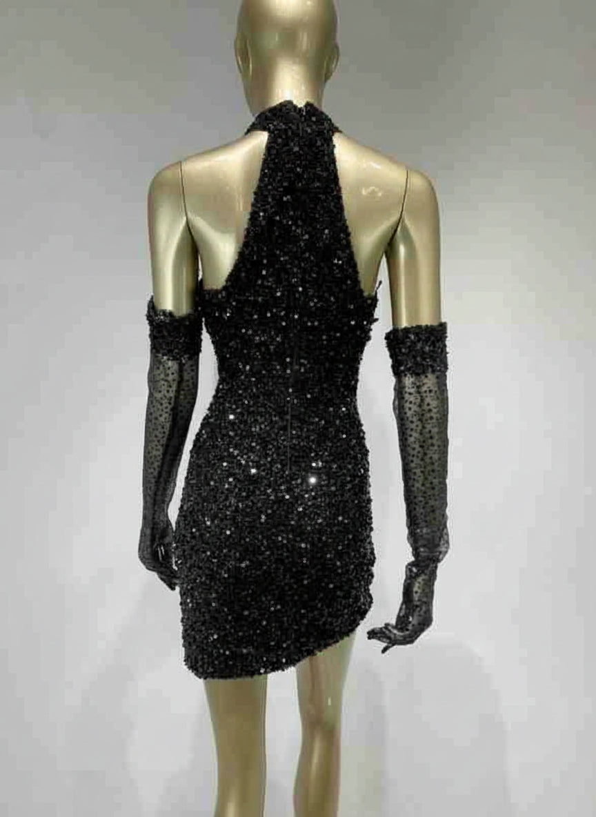 Luxury Black Feather Sequin Halter Mini Dress with Gloves Feminé Luxé
