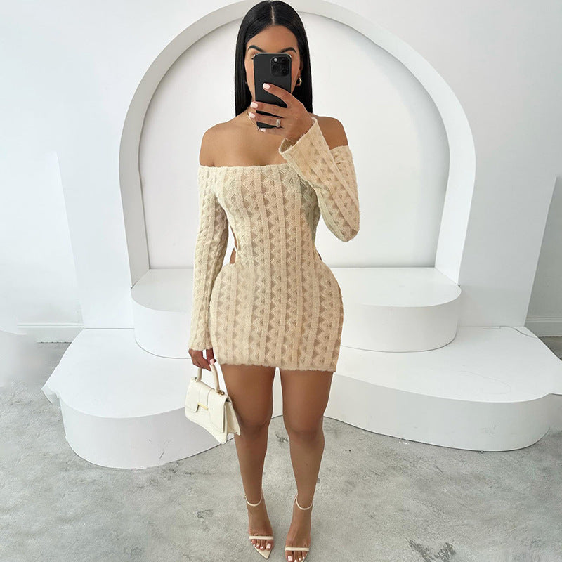 Beige Off-Shoulder Ribbed Bodycon Mini Dress Feminé Luxé