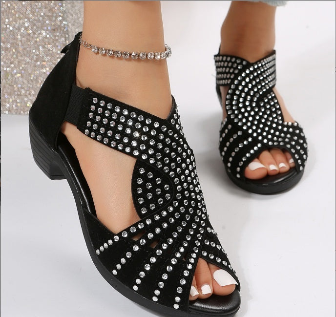 The "Obsidian Rhythm" Studded Peep-Toe Block Heel Sandal Feminé Luxé