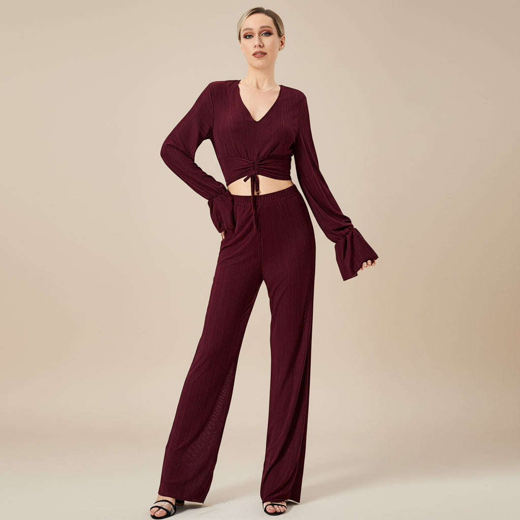 The Wine Noir Ribbed Bell-Sleeve Co-ord Set | Deep V-Neck & Flare Trousers Feminé Luxé
