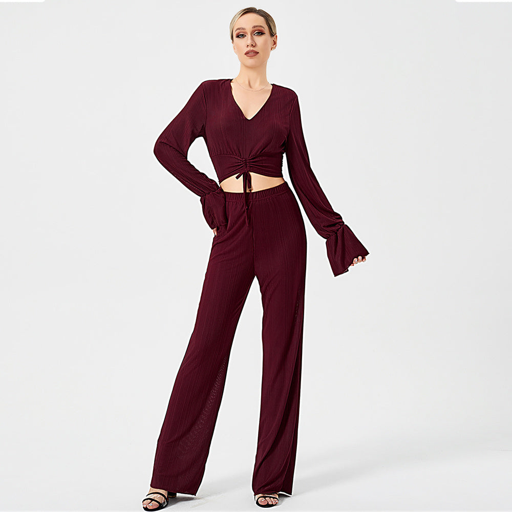 The Wine Noir Ribbed Bell-Sleeve Co-ord Set | Deep V-Neck & Flare Trousers Feminé Luxé