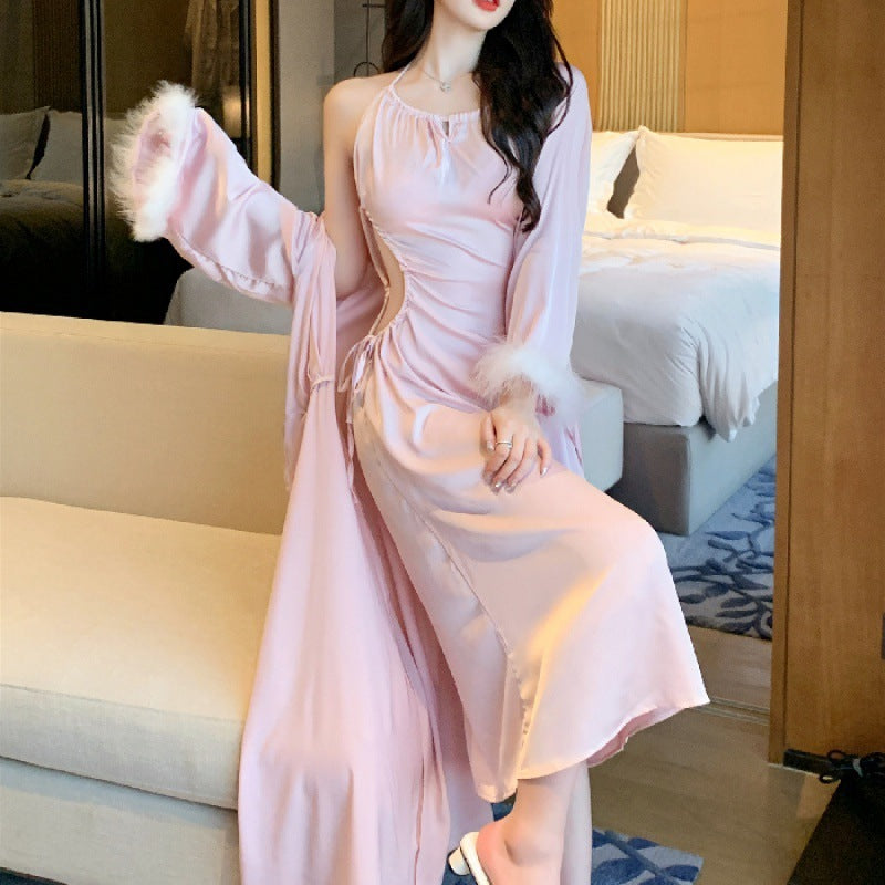Luxurious Stretch Satin Night Gown / Robe - Long Sleeve Halter Dress Feminé Luxé