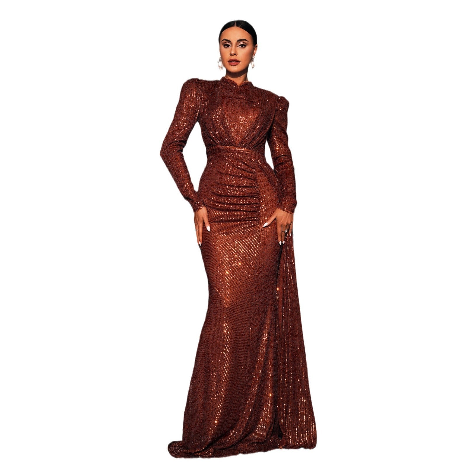 Long Sleeve Sequin Round Neck Slim-Fit Evening Banquet Dress Feminé Luxé