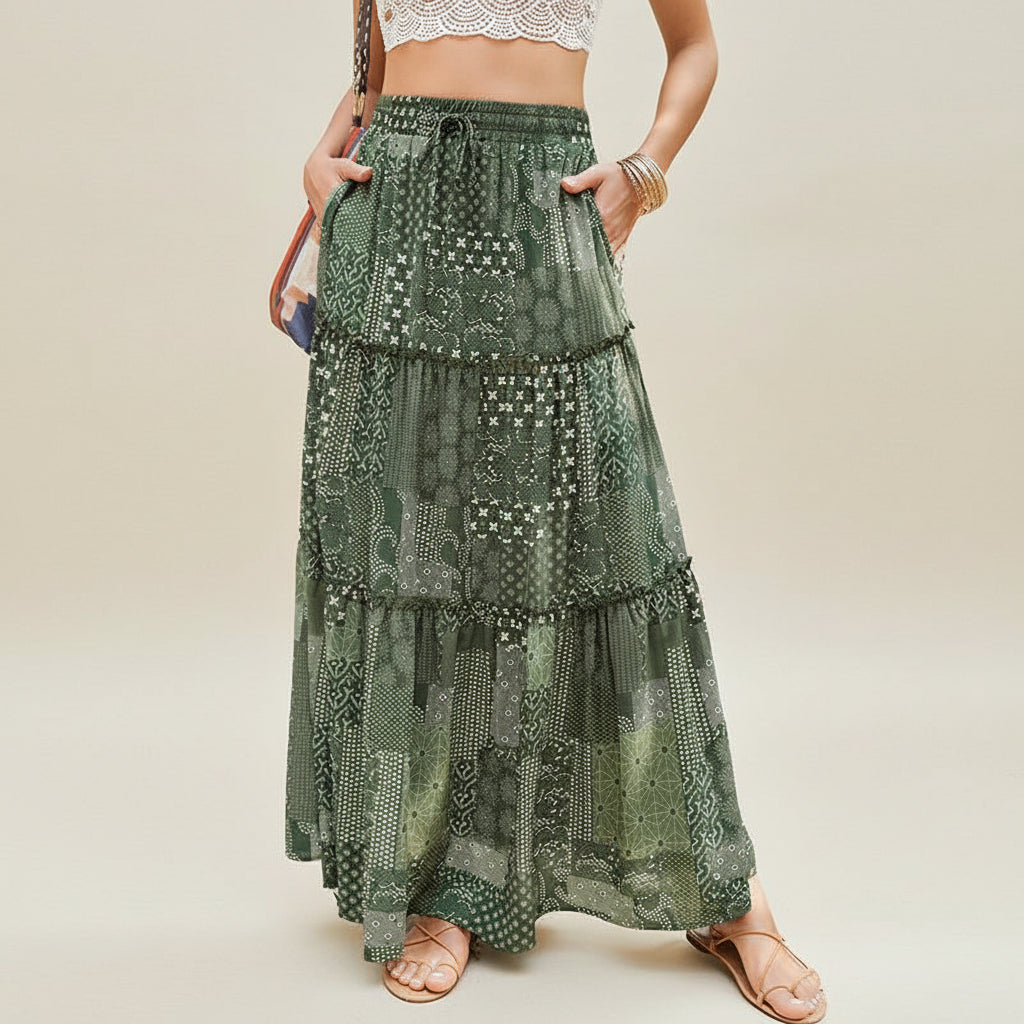 The Bohemian Resort Tiered Maxi Skirt | High-Rise & Hand-Printed Look Feminé Luxé