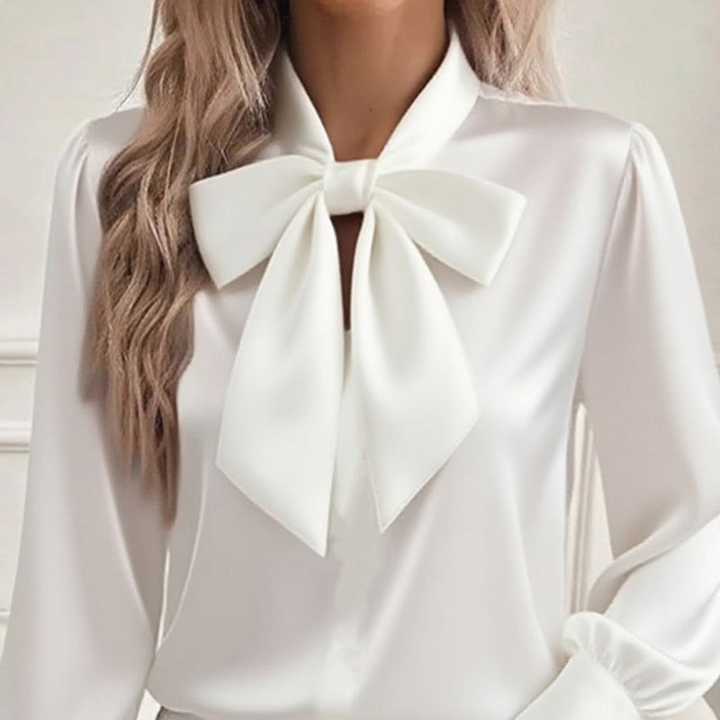 Luxurious Satin Bow Tie Long Sleeve Blouse - High-Fashion Statement Feminé Luxé