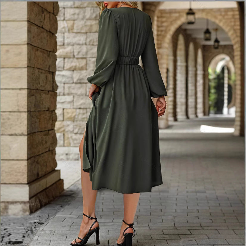 Chic V-Neck Long Sleeve Slit Dress - Solid Color Formal Evening Prom Wear Feminé Luxé
