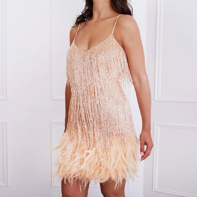 Pink Tassel Sequin Feather Mini Dress Feminé Luxé