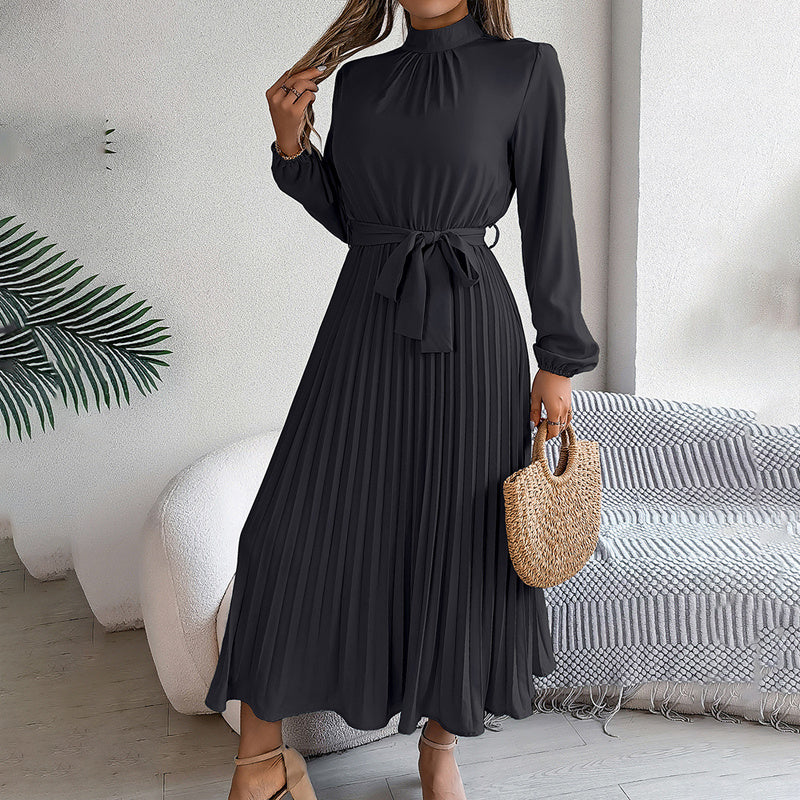 Elegant High Neck Pleated Maxi Dress - Long Sleeve Flowy Evening & Prom Event Gown Feminé Luxé