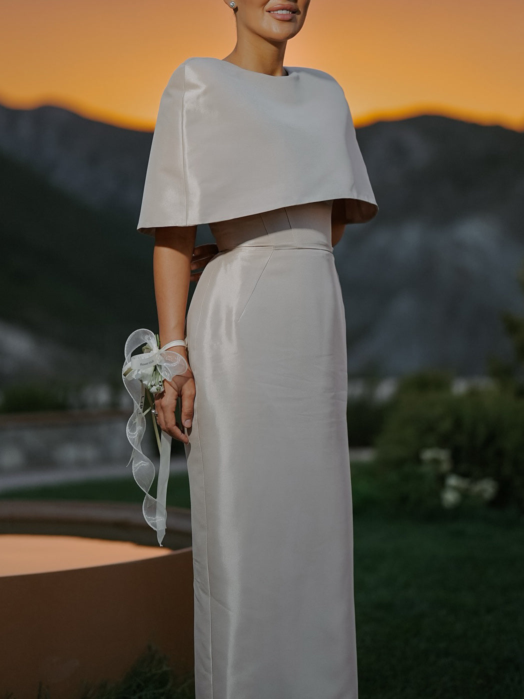 Elegant Satin Cape-Style Top & Fitted Maxi Dress Set Feminé Luxé