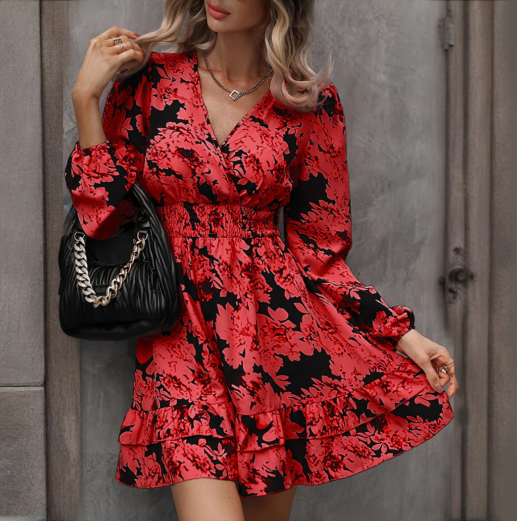 Bohemian Floral Printed V-Neck Mini Dress - Flowy Lantern Sleeve Ruffled Casual Dress Feminé Luxé