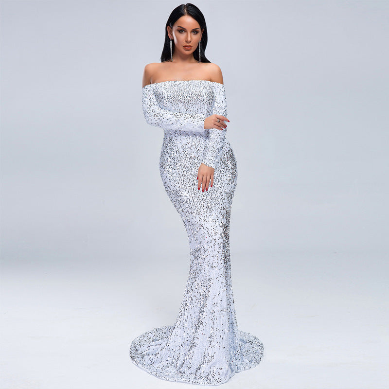 Elegant Off-Shoulder Long Sleeve Sequin Evening Gown Feminé Luxé
