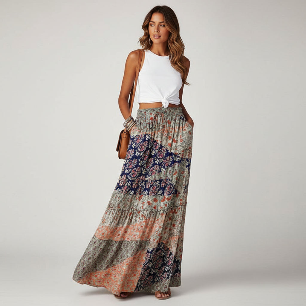 The Bohemian Resort Tiered Maxi Skirt | High-Rise & Hand-Printed Look Feminé Luxé