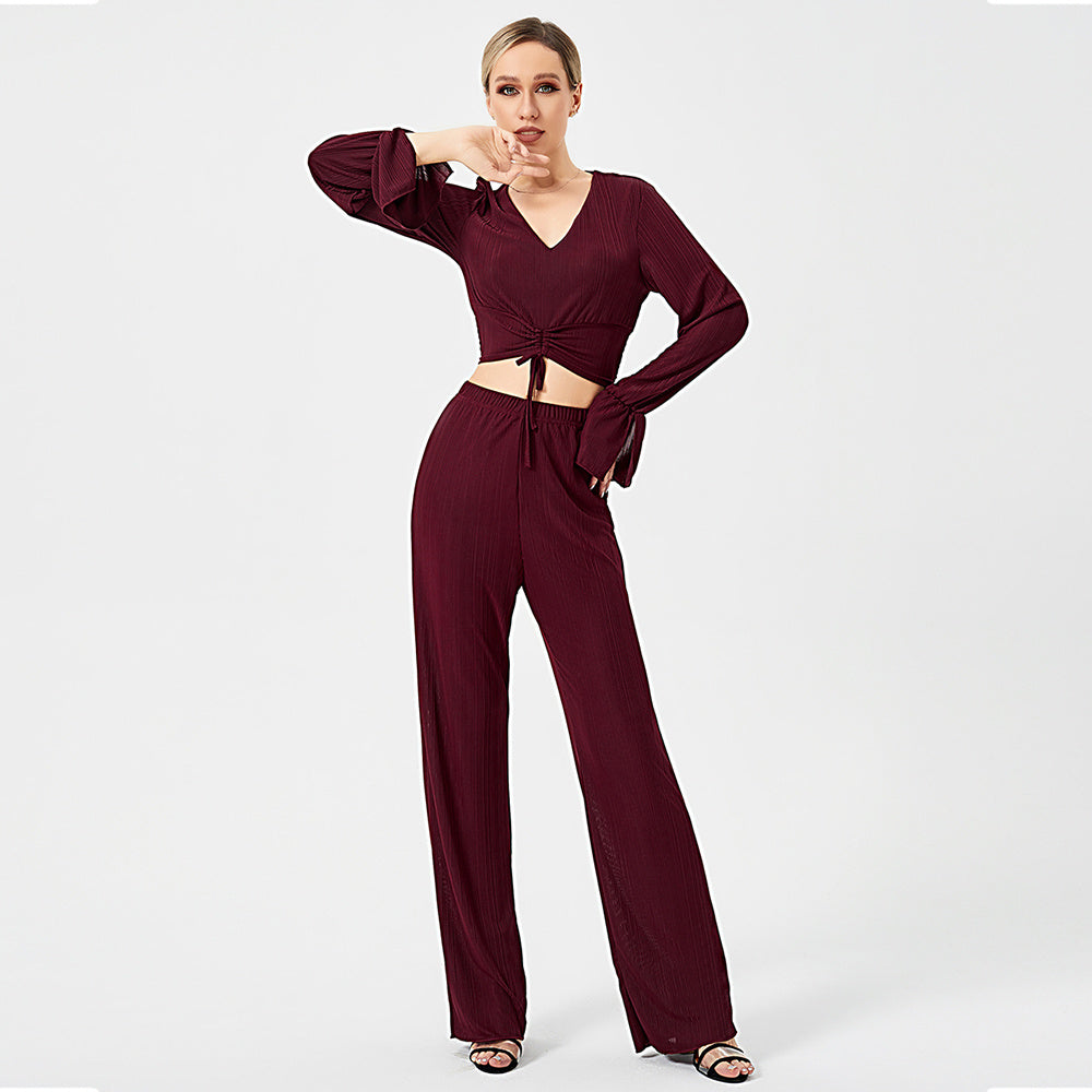 The Wine Noir Ribbed Bell-Sleeve Co-ord Set | Deep V-Neck & Flare Trousers Feminé Luxé