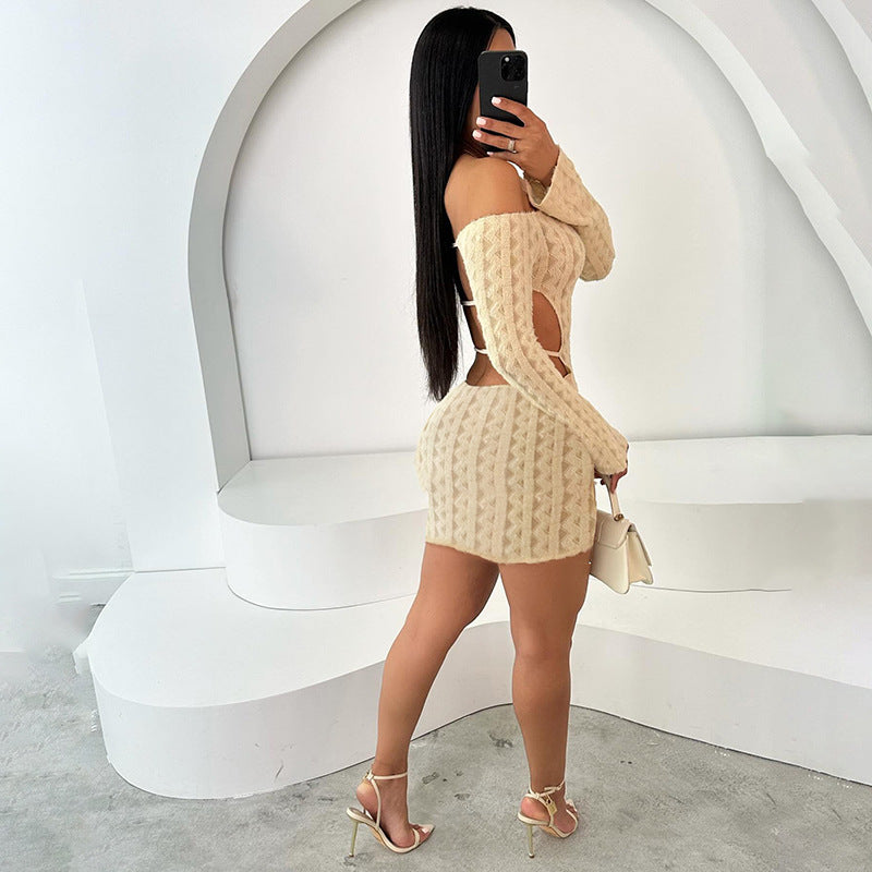 Beige Off-Shoulder Ribbed Bodycon Mini Dress Feminé Luxé