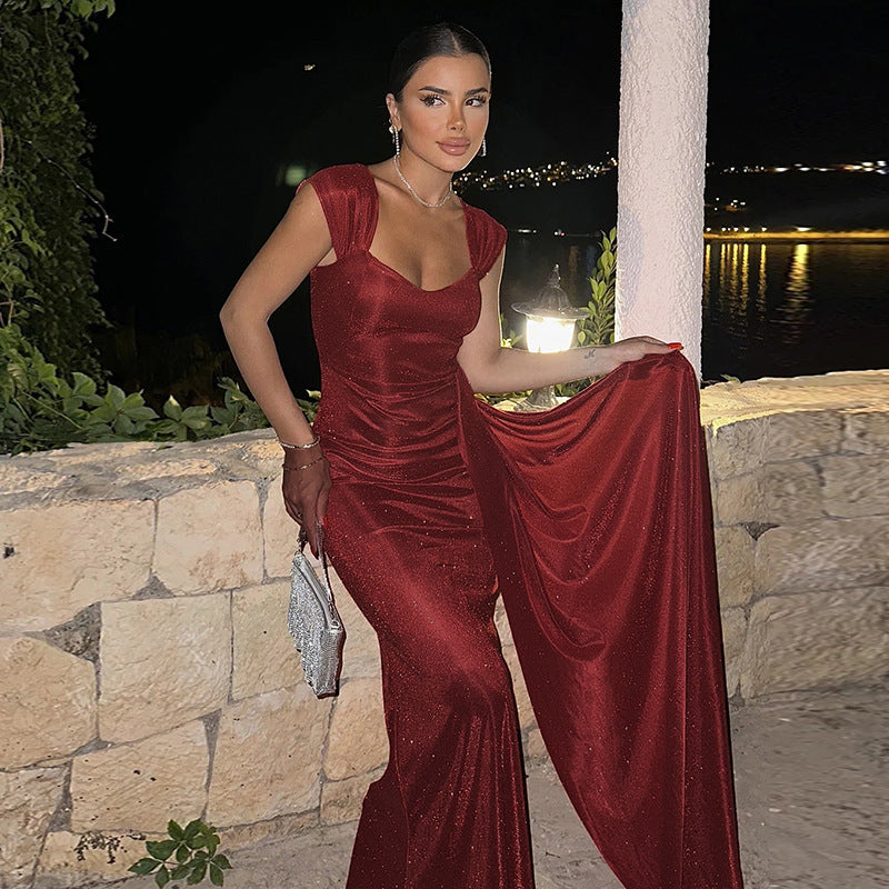 Elegant Deep V-Neck Glitter Long Evening Dress Feminé Luxé