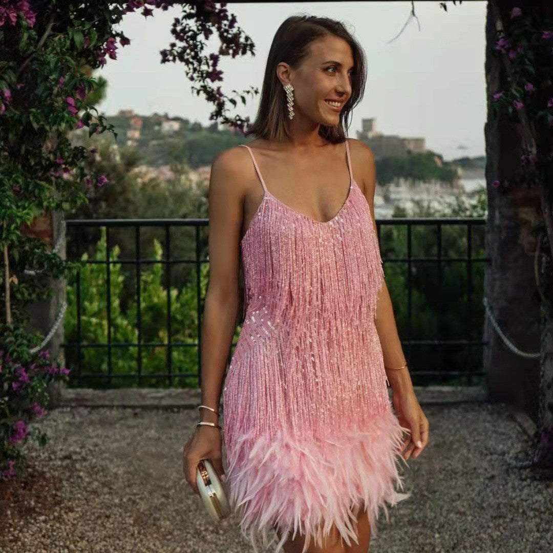 Pink Tassel Sequin Feather Mini Dress Feminé Luxé